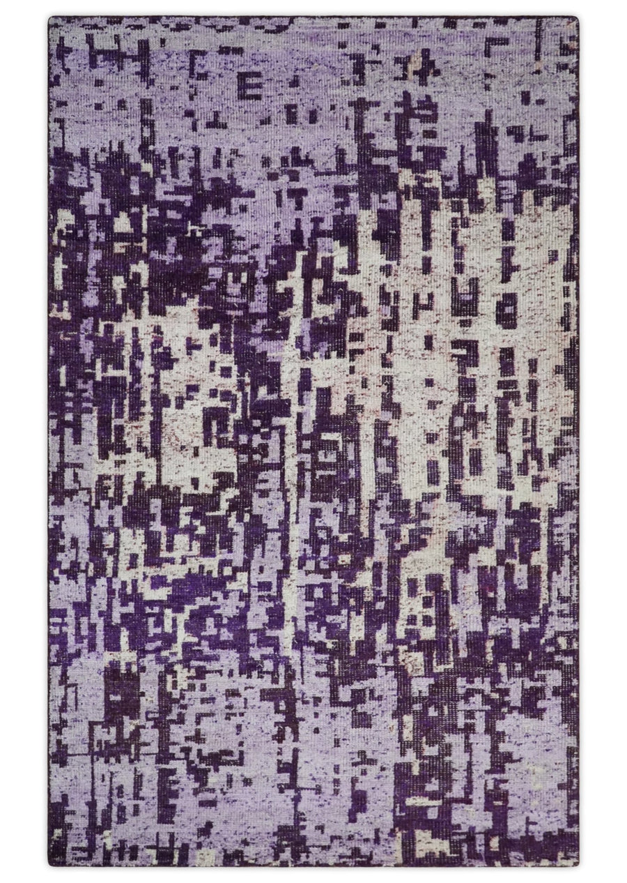 Hand Knotted 5x8 Purple, Violet and Ivory Modern Abstract Contemporary Recycled Silk Area Rug | OP131 - The Rug Decor