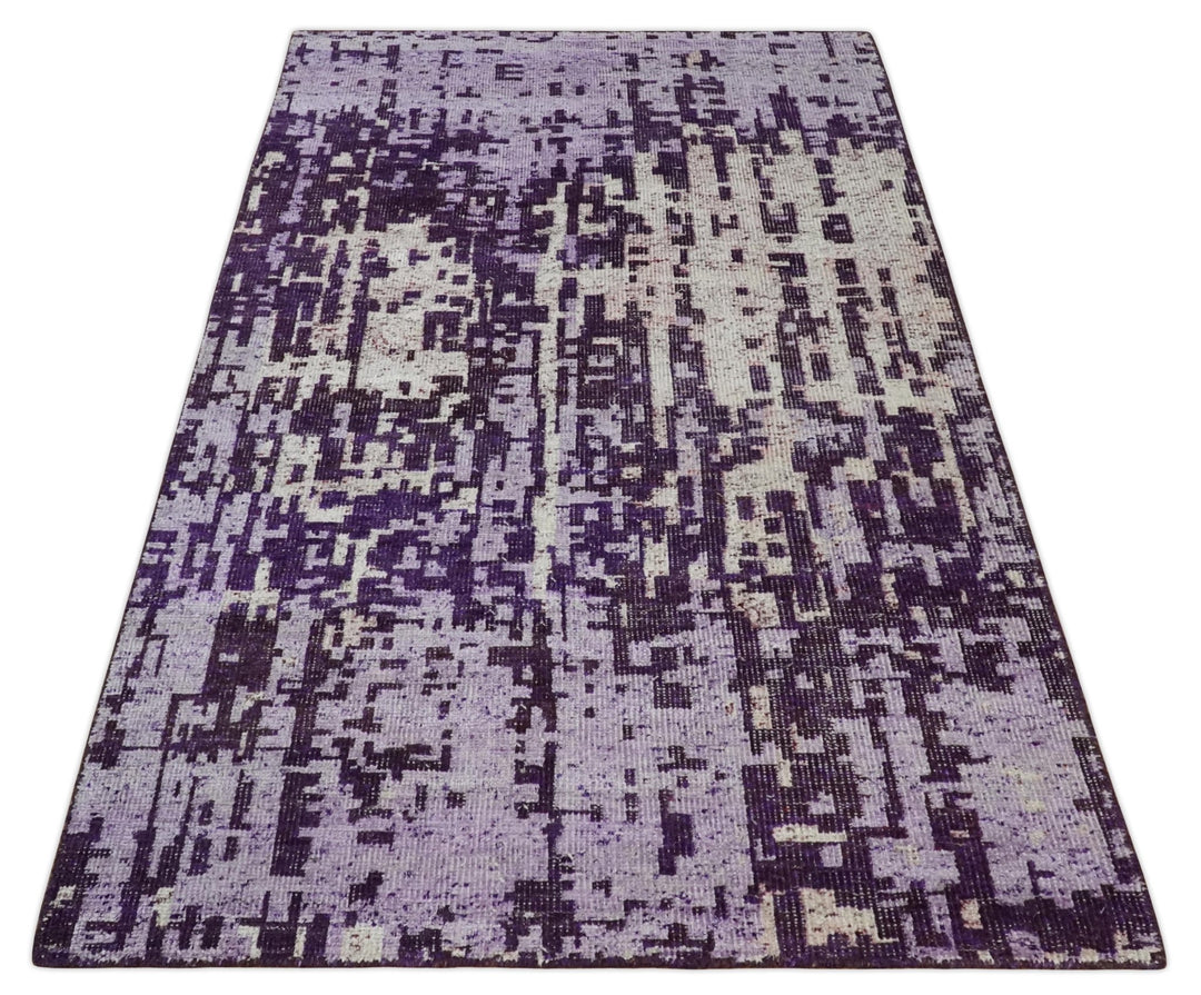 Hand Knotted 5x8 Purple, Violet and Ivory Modern Abstract Contemporary Recycled Silk Area Rug | OP131 - The Rug Decor