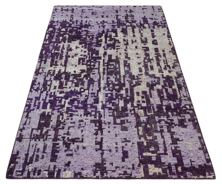 Hand Knotted 5x8 Purple, Violet and Ivory Modern Abstract Contemporary Recycled Silk Area Rug | OP131 - The Rug Decor