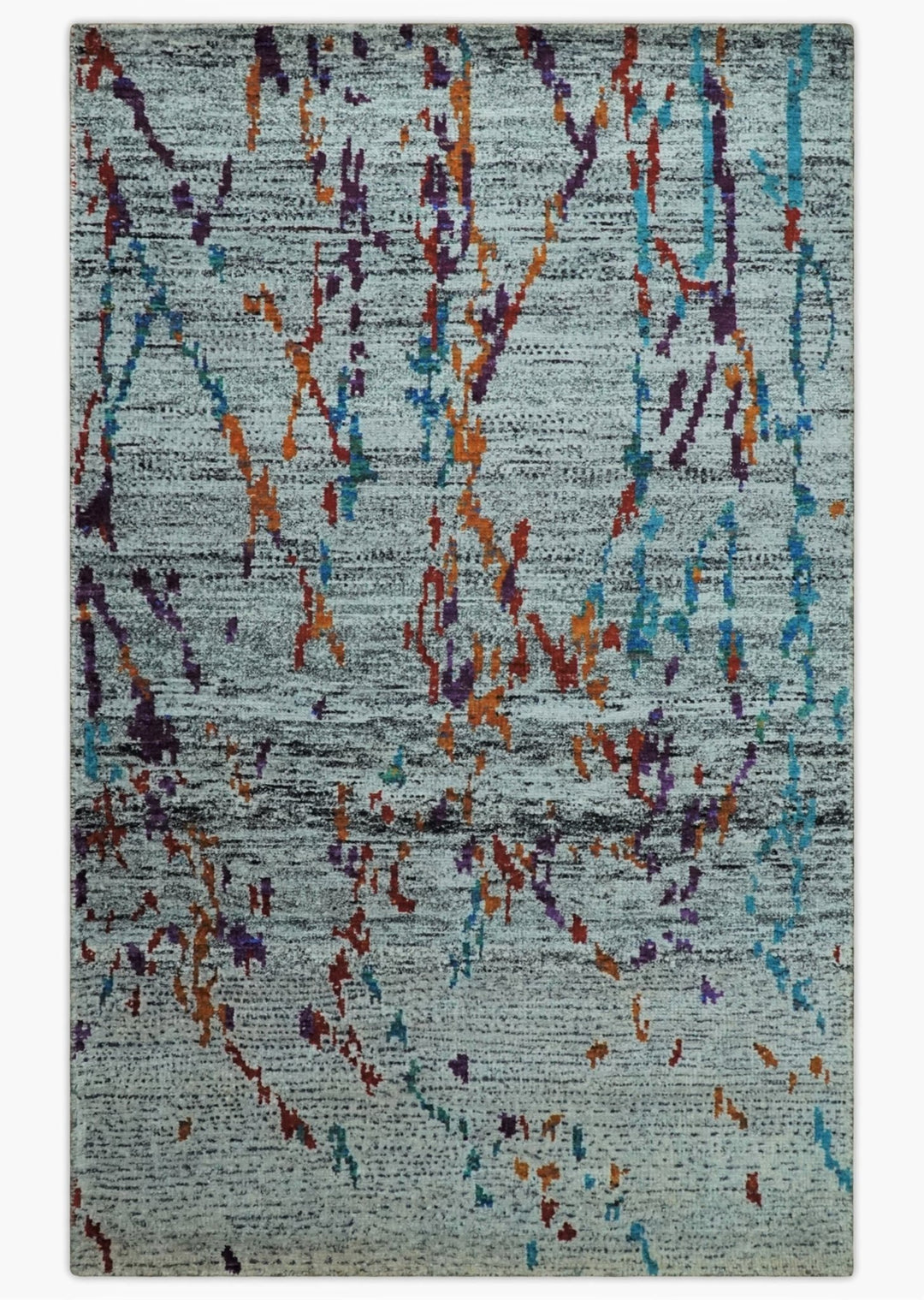 Hand Knotted 5x8 Silver, Red and Gold Modern Abstract Contemporary Recycled Silk Area Rug | OP93 - The Rug Decor