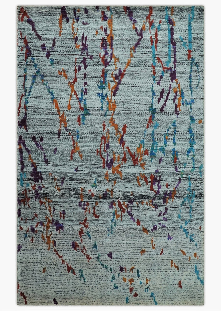 Hand Knotted 5x8 Silver, Red and Gold Modern Abstract Contemporary Recycled Silk Area Rug | OP93 - The Rug Decor