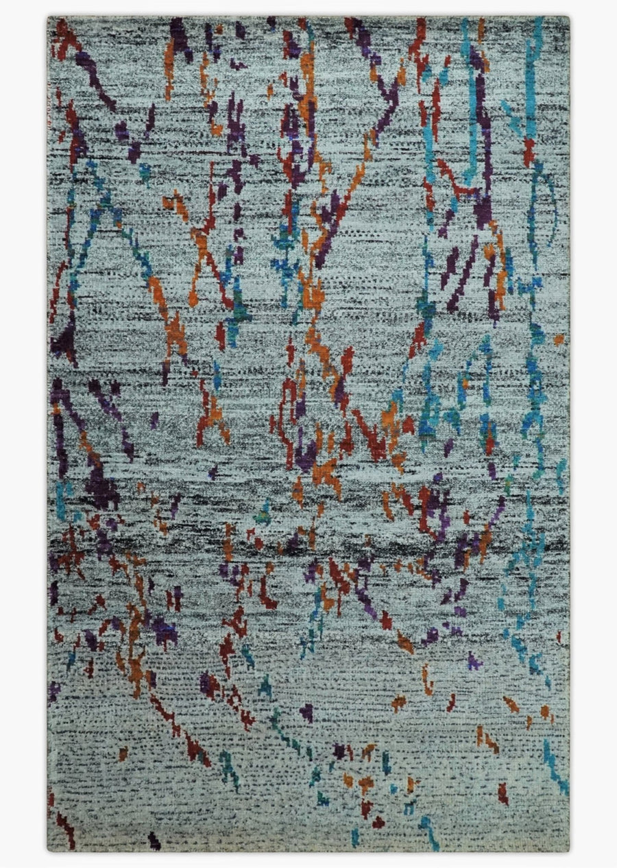 Hand Knotted 5x8 Silver, Red and Gold Modern Abstract Contemporary Recycled Silk Area Rug | OP93 - The Rug Decor