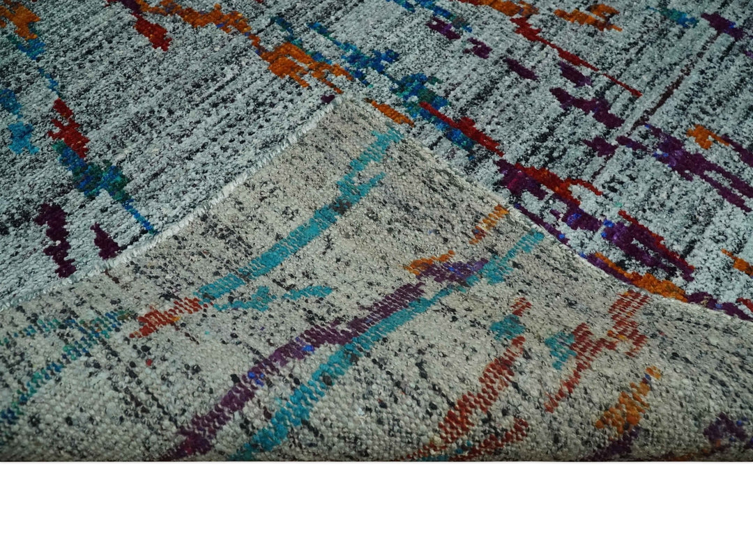 Hand Knotted 5x8 Silver, Red and Gold Modern Abstract Contemporary Recycled Silk Area Rug | OP93 - The Rug Decor