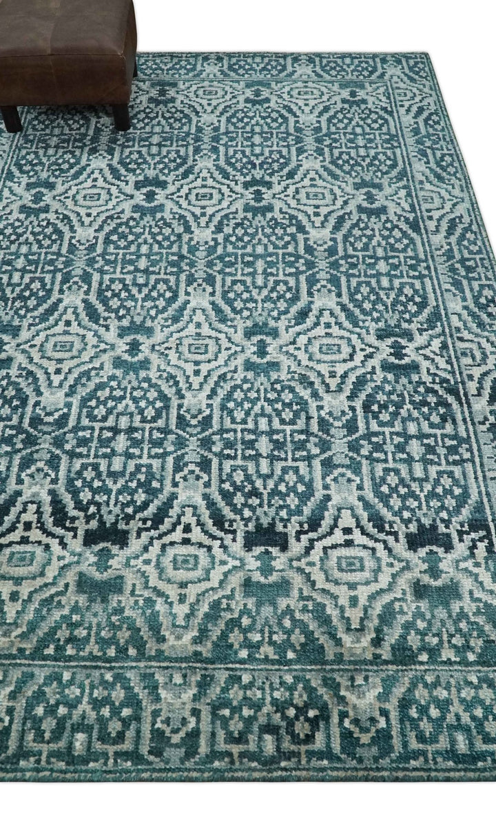 Hand Knotted 5x8 Teal and Ivory Modern Persian Contemporary Southwestern Tribal Trellis Recycled Silk Area Rug | OP97 - The Rug Decor