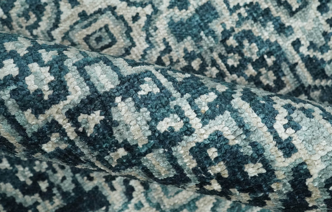 Hand Knotted 5x8 Teal and Ivory Modern Persian Contemporary Southwestern Tribal Trellis Recycled Silk Area Rug | OP97 - The Rug Decor
