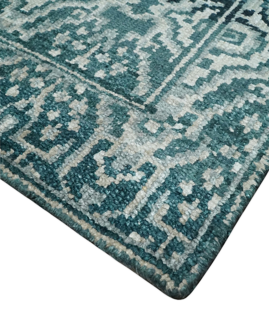 Hand Knotted 5x8 Teal and Ivory Modern Persian Contemporary Southwestern Tribal Trellis Recycled Silk Area Rug | OP97 - The Rug Decor