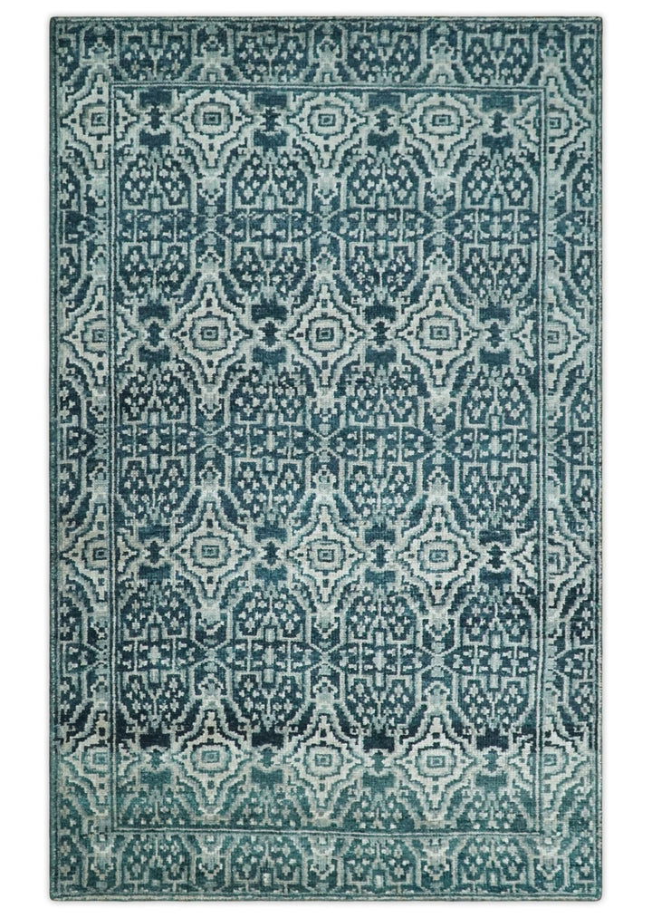 Hand Knotted 5x8 Teal and Ivory Modern Persian Contemporary Southwestern Tribal Trellis Recycled Silk Area Rug | OP97 - The Rug Decor