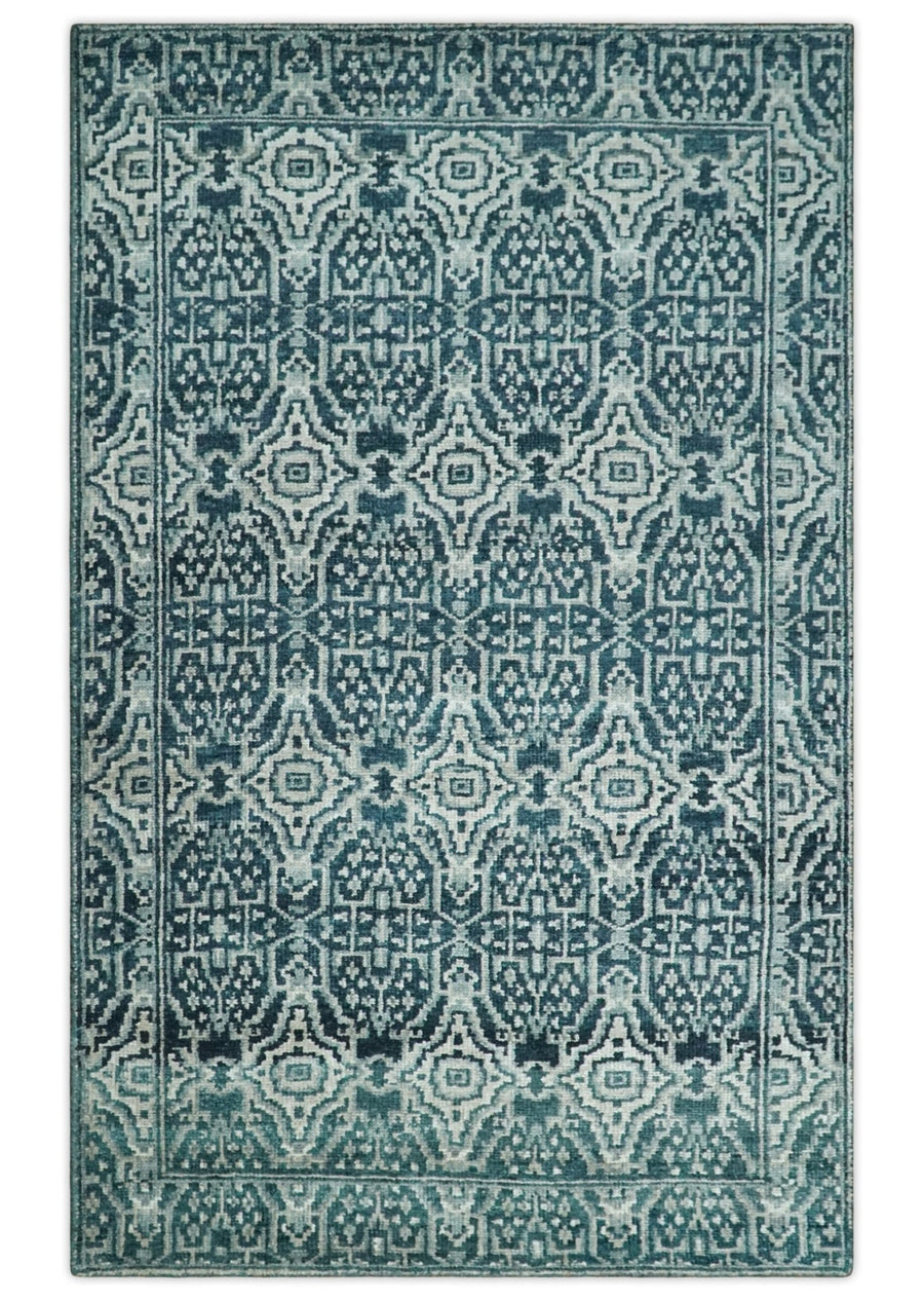 Hand Knotted 5x8 Teal and Ivory Modern Persian Contemporary Southwestern Tribal Trellis Recycled Silk Area Rug | OP97 - The Rug Decor