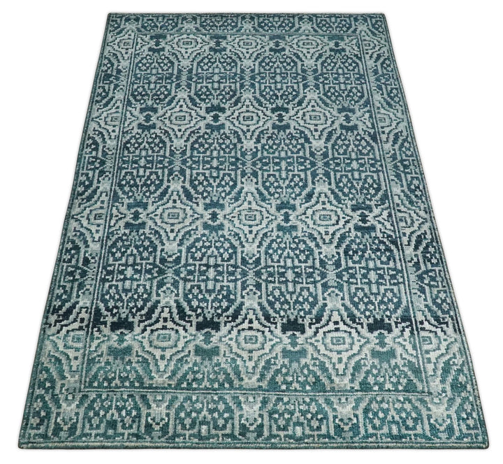 Hand Knotted 5x8 Teal and Ivory Modern Persian Contemporary Southwestern Tribal Trellis Recycled Silk Area Rug | OP97 - The Rug Decor