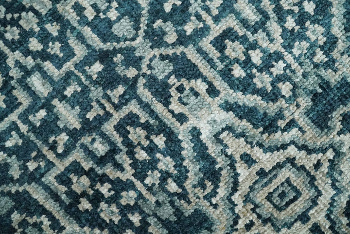 Hand Knotted 5x8 Teal and Ivory Modern Persian Contemporary Southwestern Tribal Trellis Recycled Silk Area Rug | OP97 - The Rug Decor