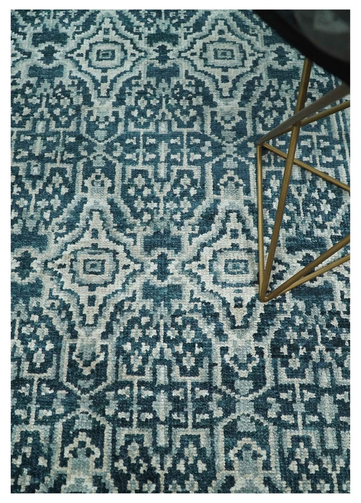 Hand Knotted 5x8 Teal and Ivory Modern Persian Contemporary Southwestern Tribal Trellis Recycled Silk Area Rug | OP97 - The Rug Decor