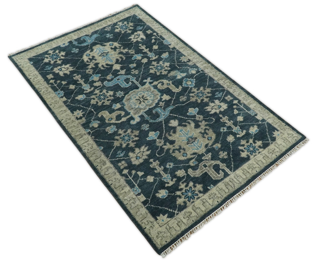Hand Knotted 5x8 Vintage Oriental Oushak Blue and Camel Wool Area Rug | TRDCP8B - The Rug Decor