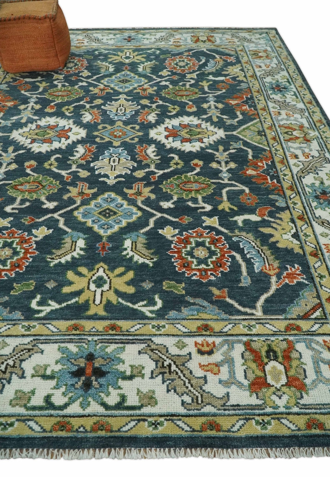 Hand Knotted 6x9, 8x10, 9x12, 10x14 and 12x15 Teal and Ivory Traditional Persian Oushak Wool Rug | TRDCP823 - The Rug Decor