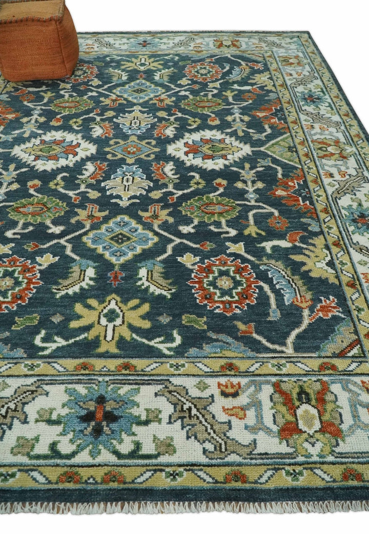 Hand Knotted 6x9, 8x10, 9x12, 10x14 and 12x15 Teal and Ivory Traditional Persian Oushak Wool Rug | TRDCP823 - The Rug Decor