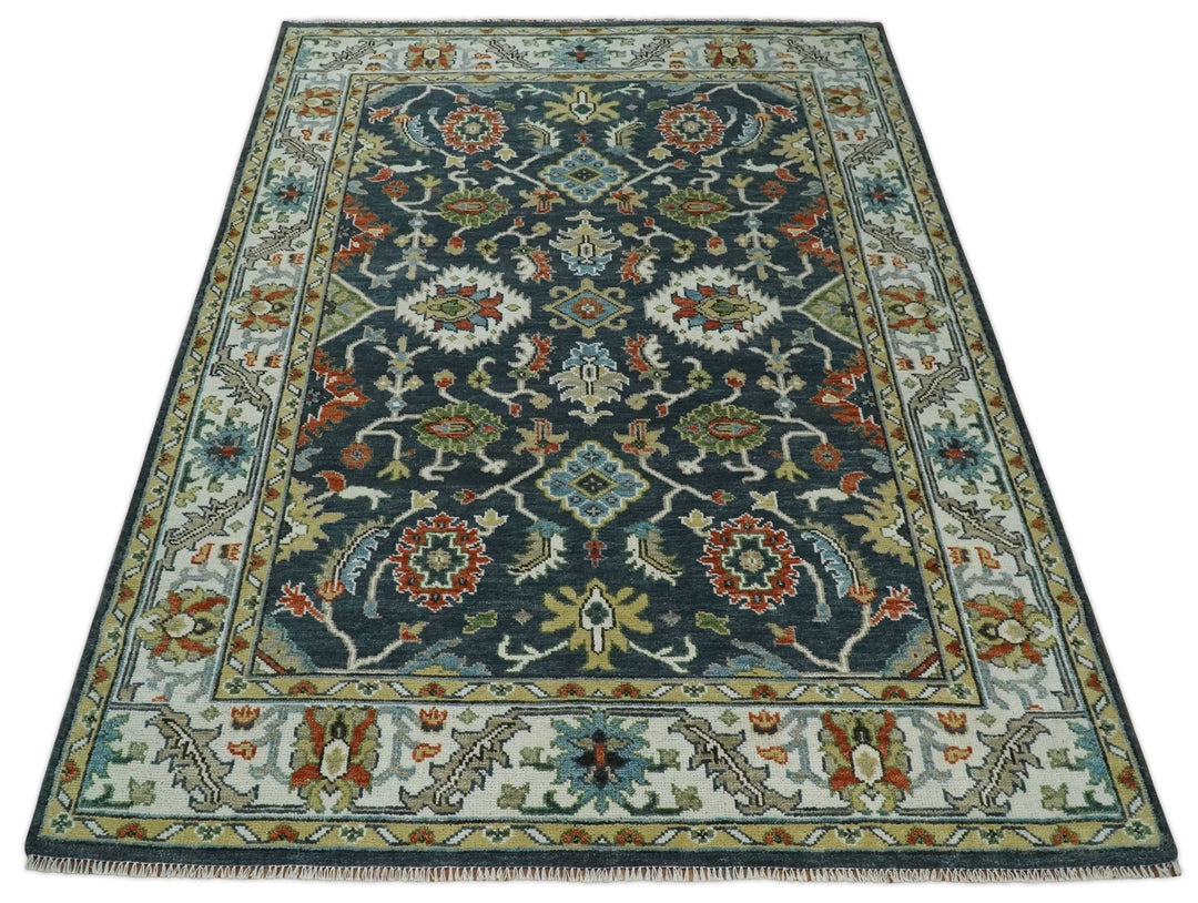 Hand Knotted 6x9, 8x10, 9x12, 10x14 and 12x15 Teal and Ivory Traditional Persian Oushak Wool Rug | TRDCP823 - The Rug Decor
