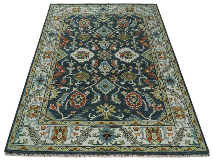 Hand Knotted 6x9, 8x10, 9x12, 10x14 and 12x15 Teal and Ivory Traditional Persian Oushak Wool Rug | TRDCP823 - The Rug Decor