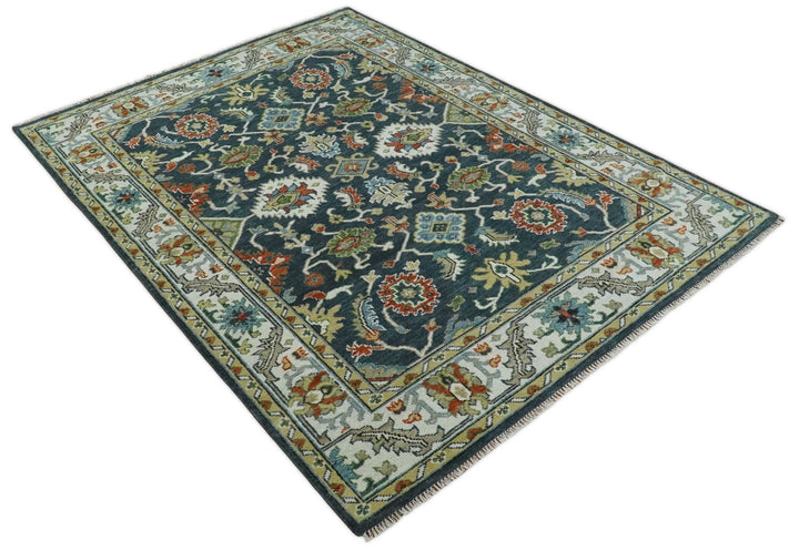 Hand Knotted 6x9, 8x10, 9x12, 10x14 and 12x15 Teal and Ivory Traditional Persian Oushak Wool Rug | TRDCP823 - The Rug Decor