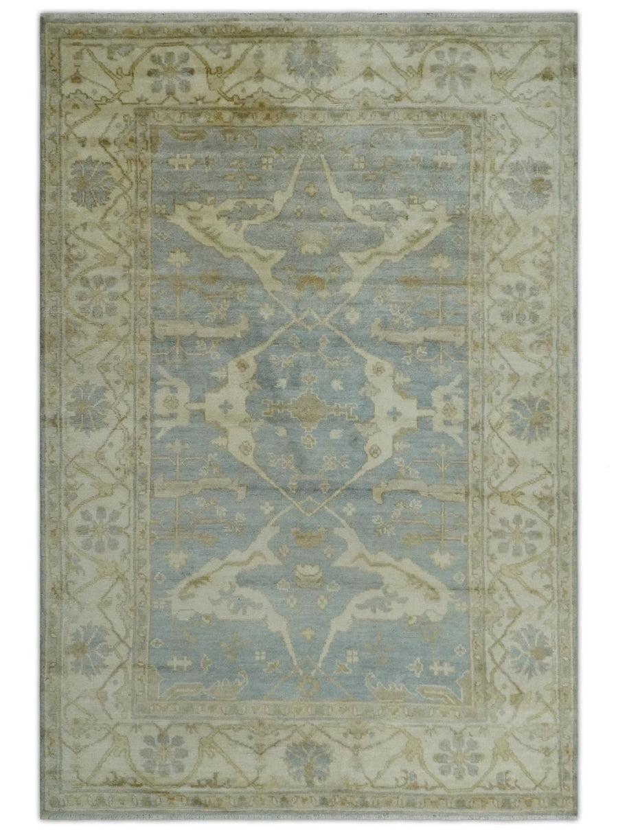 Hand Knotted 6x9 Oriental Oushak Silver and Beige Turkish Style Wool Area Rug - The Rug Decor