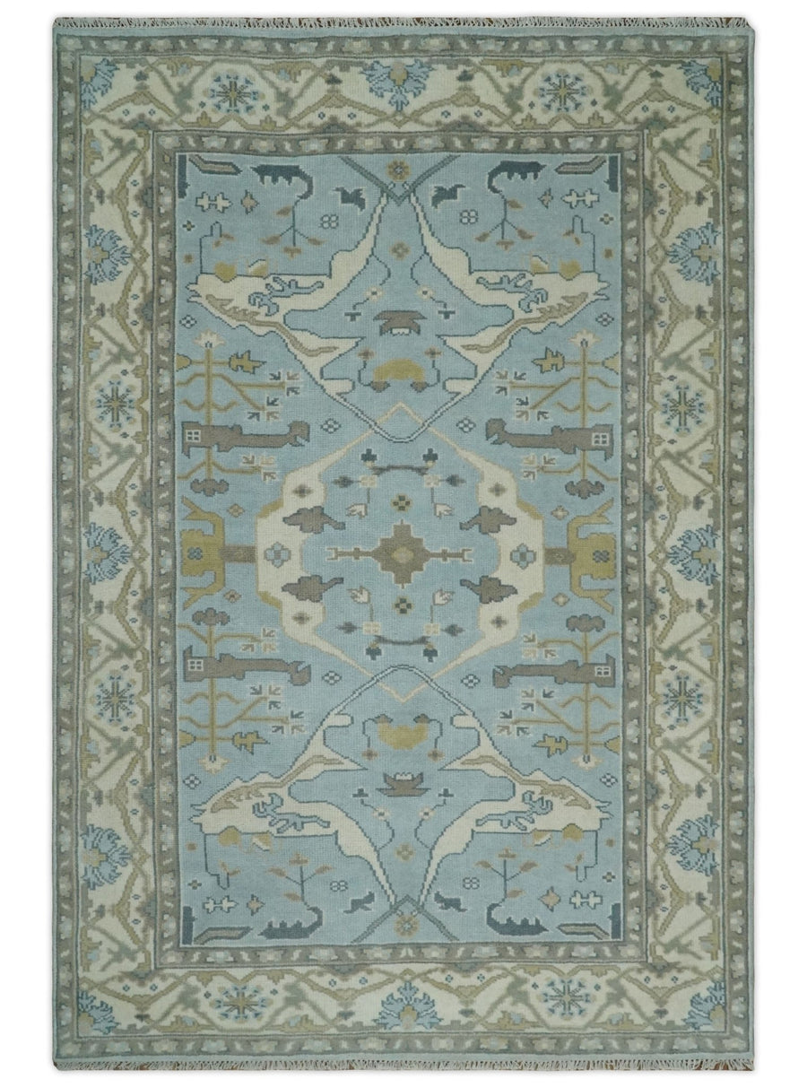 Hand Knotted 6x9 Vintage Blue, Beige and Camel Oriental Oushak Wool Area Rug | TRDCP86969 - The Rug Decor