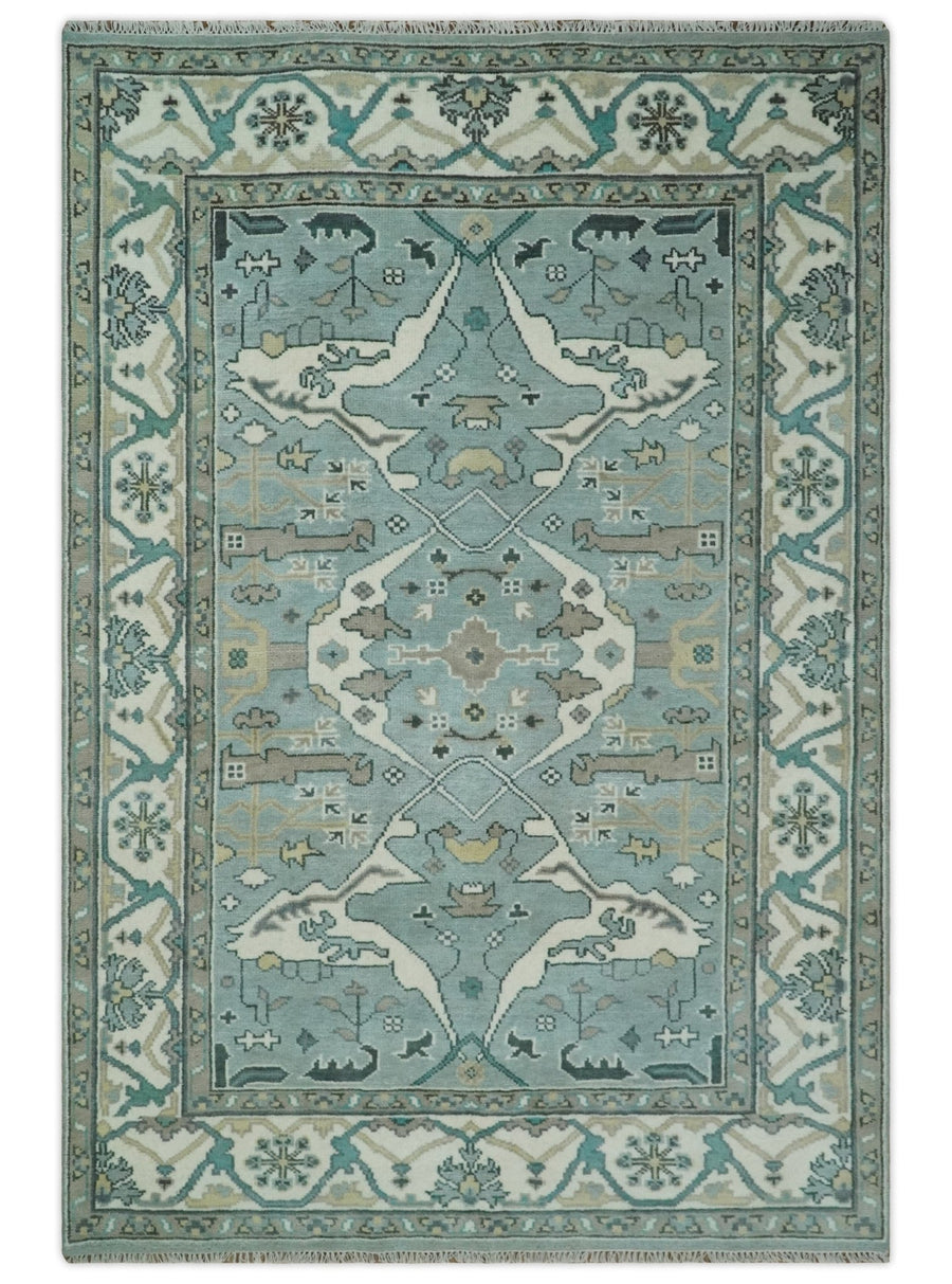 Hand Knotted 6x9 Vintage Blue, Ivory and Silver Oriental Oushak Wool Area Rug | TRDCP87169 - The Rug Decor
