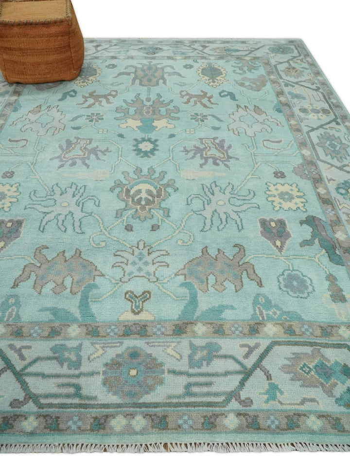 Hand Knotted 8x10 Aqua and Silver Antique Oushak Wool Area Rug - The Rug Decor