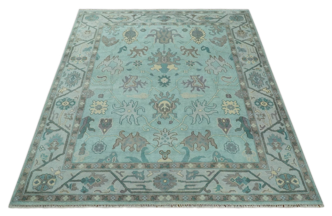 Hand Knotted 8x10 Aqua and Silver Antique Oushak Wool Area Rug - The Rug Decor