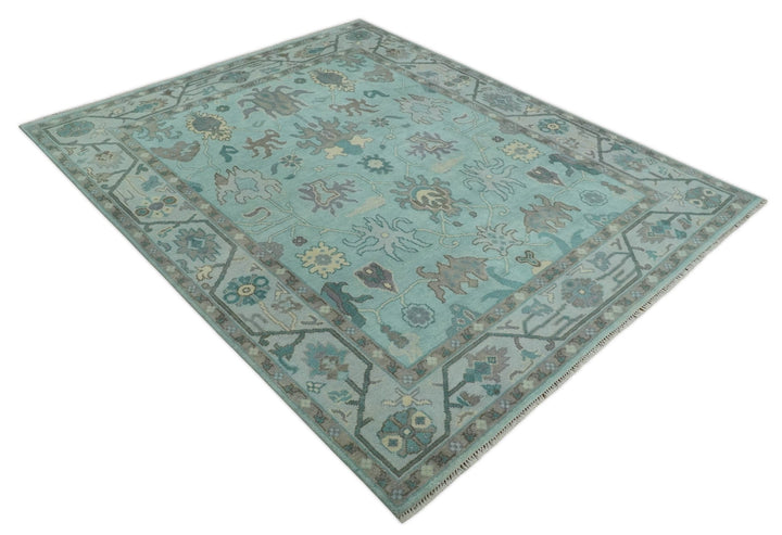 Hand Knotted 8x10 Aqua and Silver Antique Oushak Wool Area Rug - The Rug Decor