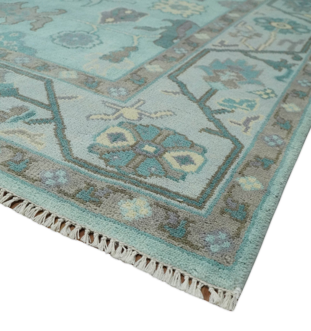 Hand Knotted 8x10 Aqua and Silver Antique Oushak Wool Area Rug - The Rug Decor