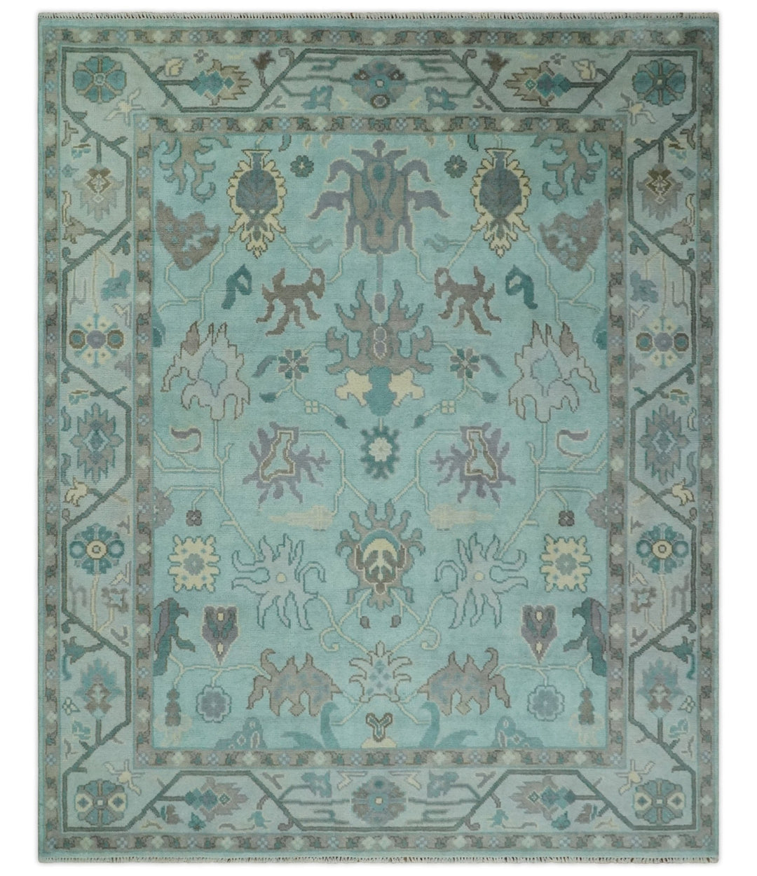 Hand Knotted 8x10 Aqua and Silver Antique Oushak Wool Area Rug - The Rug Decor