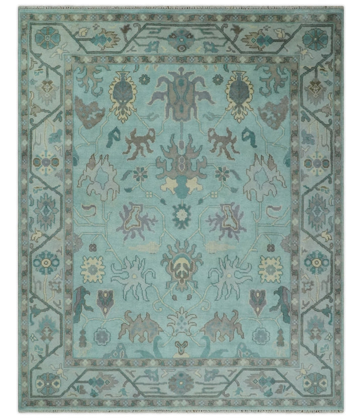 Hand Knotted 8x10 Aqua and Silver Antique Oushak Wool Area Rug - The Rug Decor