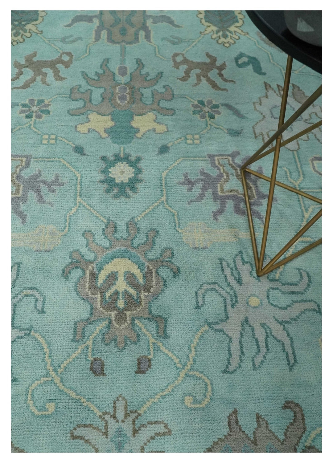 Hand Knotted 8x10 Aqua and Silver Antique Oushak Wool Area Rug - The Rug Decor