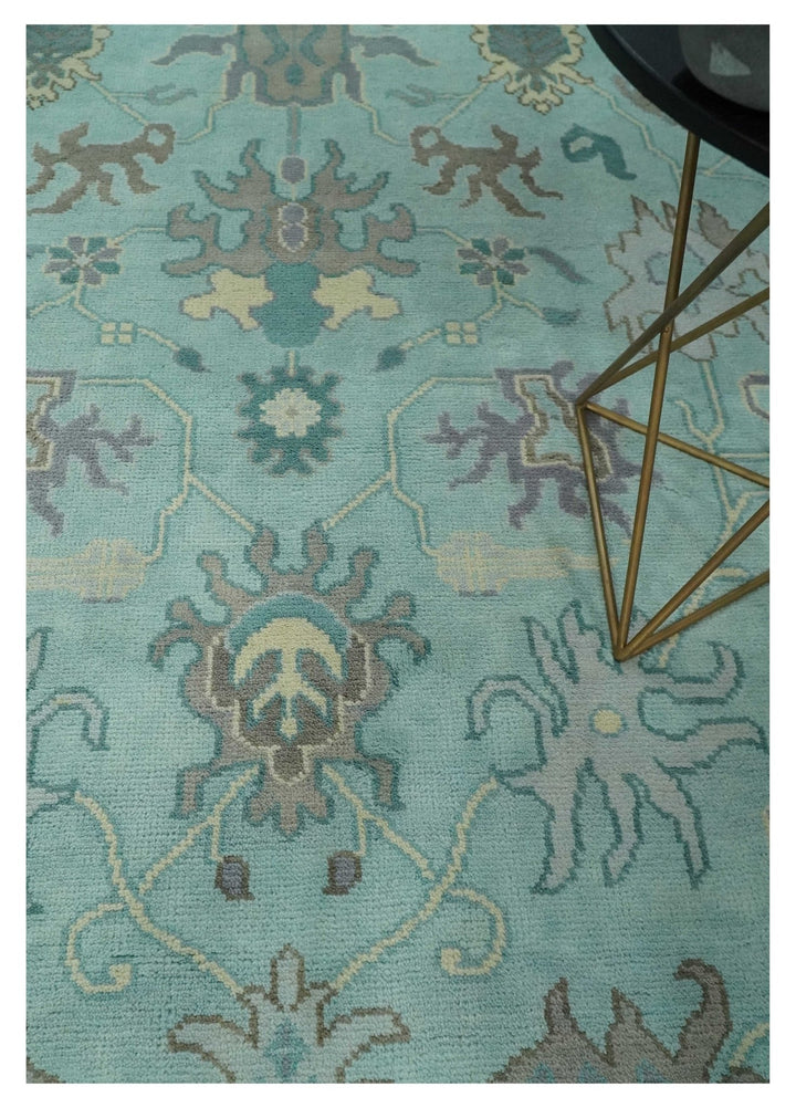 Hand Knotted 8x10 Aqua and Silver Antique Oushak Wool Area Rug - The Rug Decor