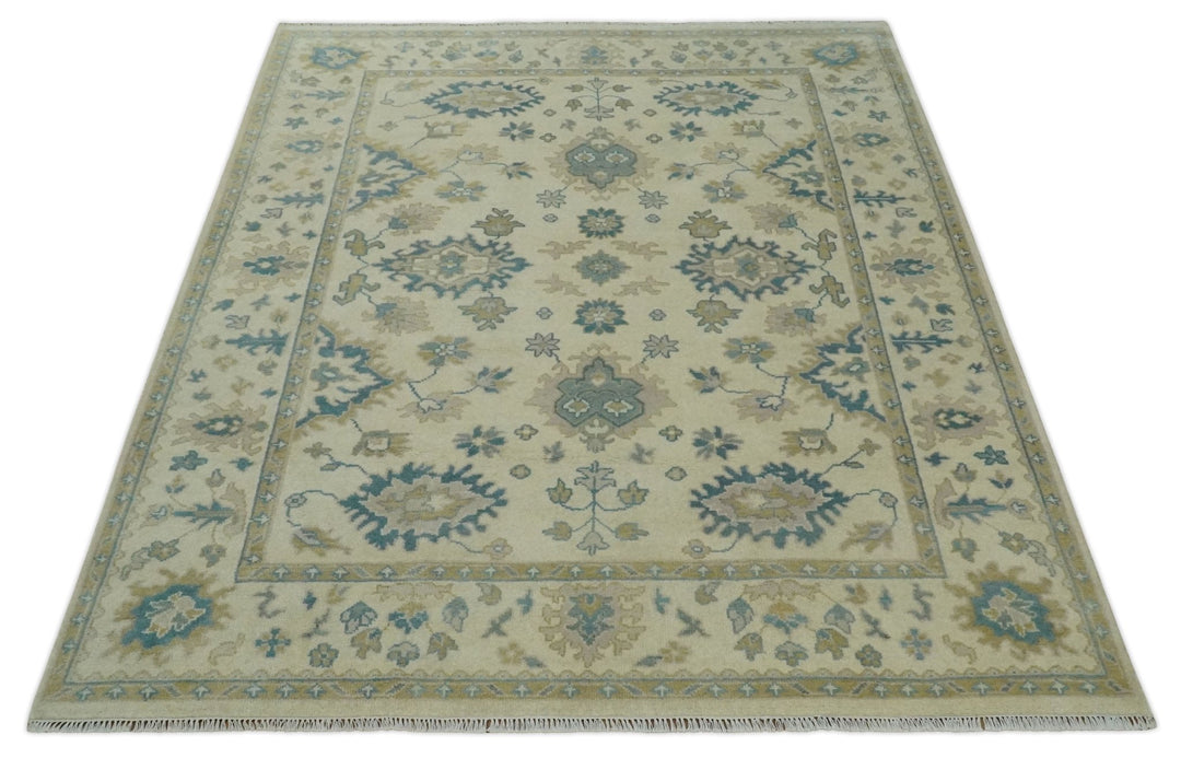 Hand Knotted 8x10 Beige and Gray Antique Oushak Wool Area Rug - The Rug Decor