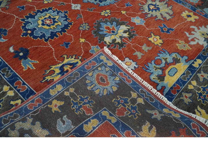 Hand Knotted 8x10 Brown, Blue and Charcoal vibrant colorful Traditional Oushak Wool Area Rug - The Rug Decor