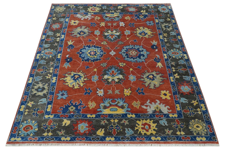 Hand Knotted 8x10 Brown, Blue and Charcoal vibrant colorful Traditional Oushak Wool Area Rug - The Rug Decor