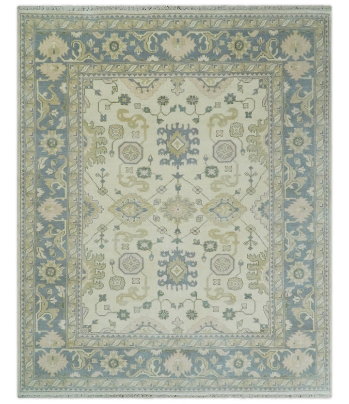 Hand Knotted 8x10 Ivory, Blue and Beige Antique Oushak Persian Wool Area Rug | TRDCP1145810 - The Rug Decor