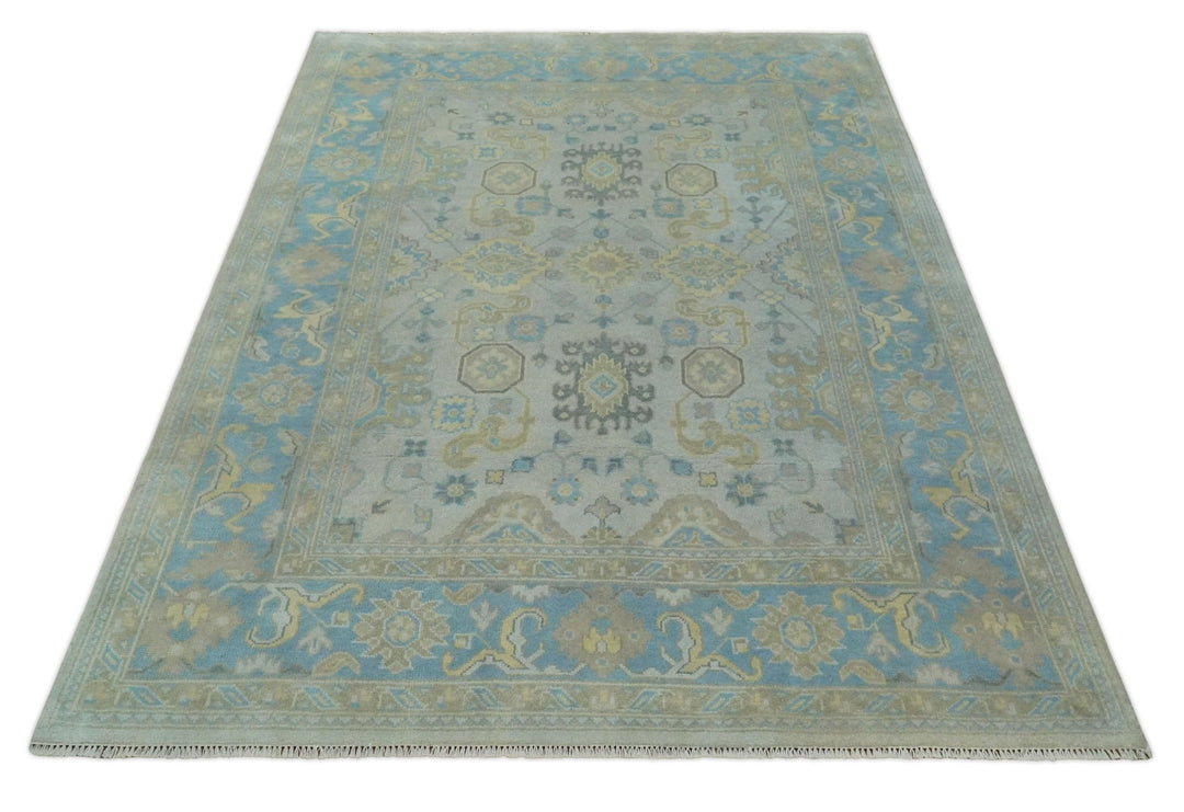 Hand Knotted 8x10 Ivory, Blue and Beige Floral Oushak Persian Wool Area Rug | TRDCP1174810 - The Rug Decor