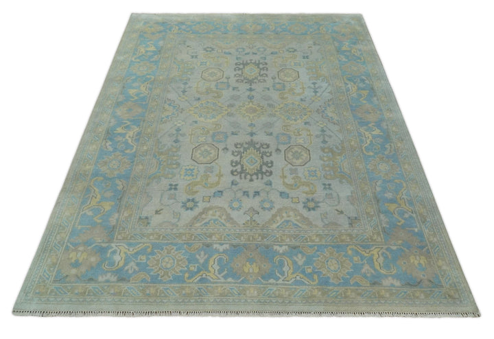 Hand Knotted 8x10 Ivory, Blue and Beige Floral Oushak Persian Wool Area Rug | TRDCP1174810 - The Rug Decor