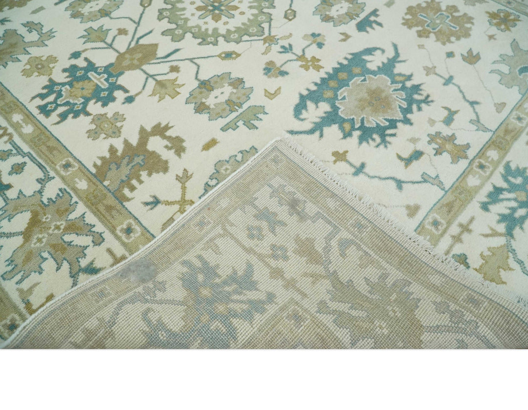 Hand Knotted 8x10 Ivory, Blue and Brown Floral Oushak Persian Wool Area Rug | TRDCP1075810 - The Rug Decor
