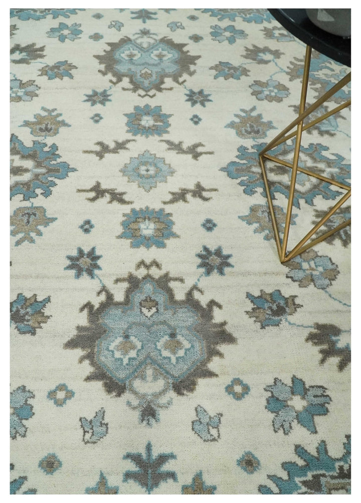 Hand Knotted 8x10 Ivory, Blue and Brown Traditional Oushak Persian Wool Area Rug | TRDCP1142810 - The Rug Decor