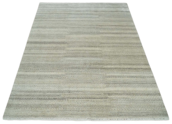 Hand Knotted 8x10 Modern Geometric Trellis Scandinavian Beige, Charcoal and Ivory Wool Area Rug | TRDCP928810 - The Rug Decor