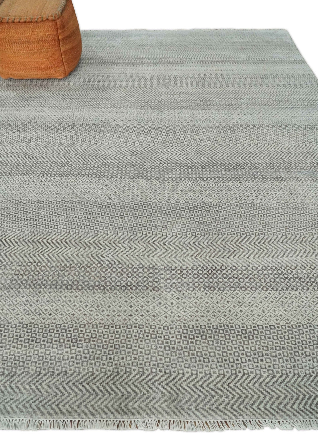 Hand Knotted 8x10 Modern Geometric Trellis Scandinavian Charcoal, Silver and Ivory Wool Area Rug - The Rug Decor