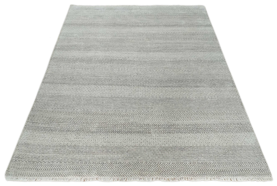 Hand Knotted 8x10 Modern Geometric Trellis Scandinavian Charcoal, Silver and Ivory Wool Area Rug - The Rug Decor
