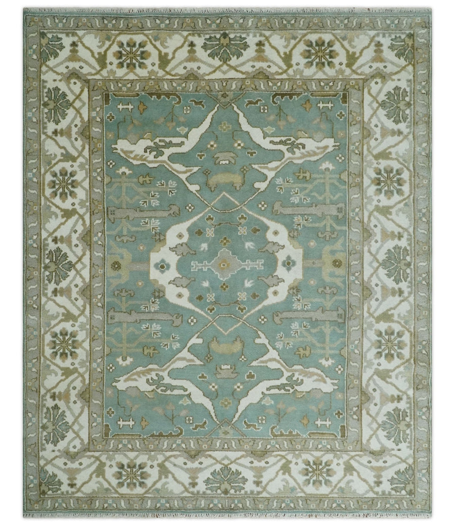 Hand Knotted 8x10 Oriental Oushak Aqua, Ivory and Silver Wool Area Rug | TRDCP1180810 - The Rug Decor