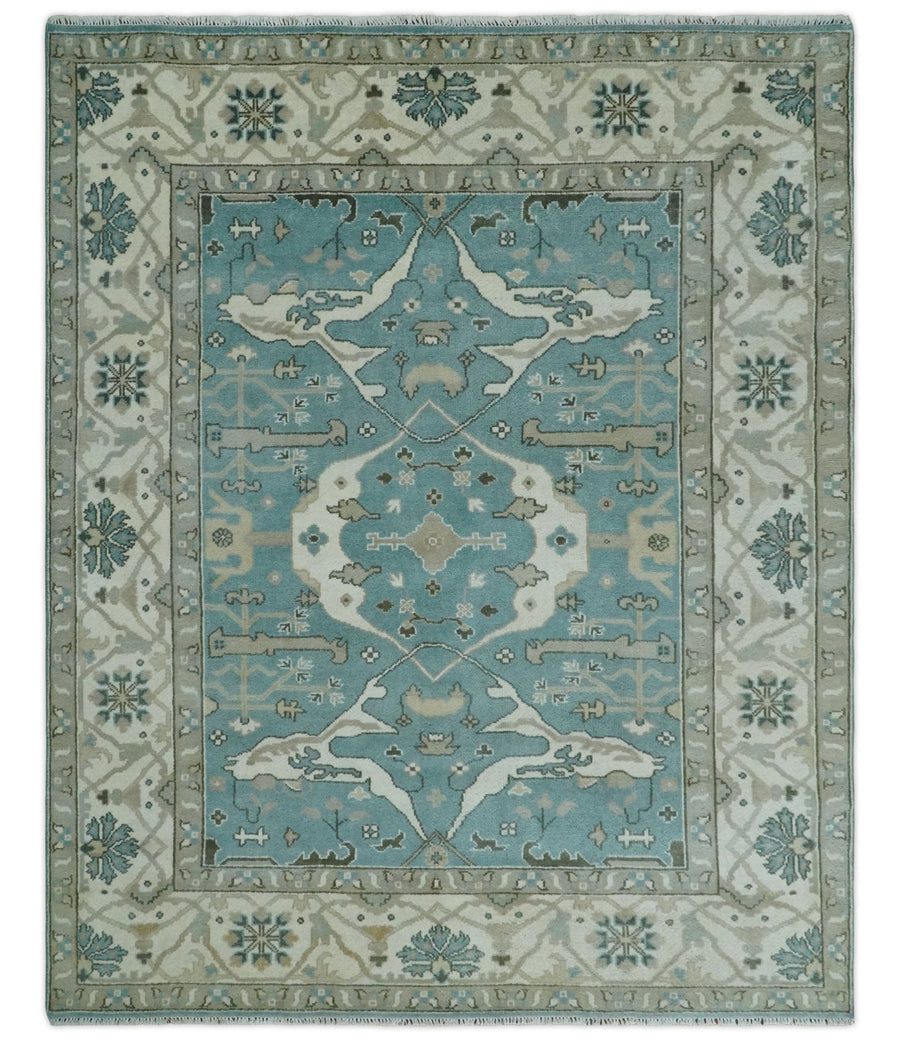 Hand Knotted 8x10 Oriental Oushak Aqua, Ivory and Silver Wool Area Rug | TRDCP1199810 - The Rug Decor