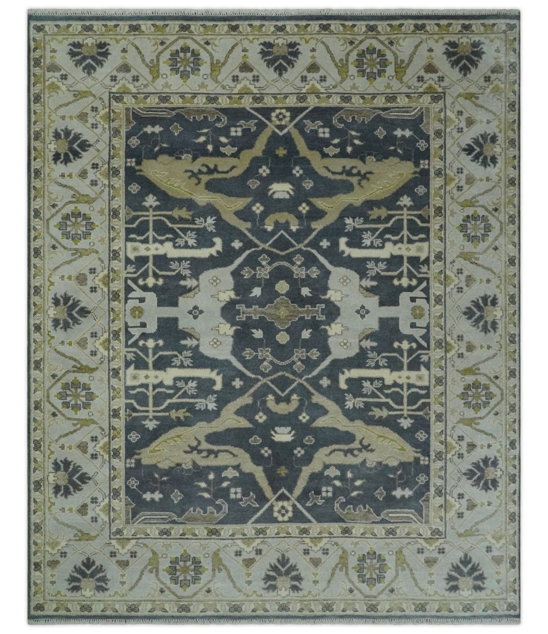 Hand Knotted 8x10 Oriental Oushak Charcoal, Ivory and Beige Wool Area Rug - The Rug Decor