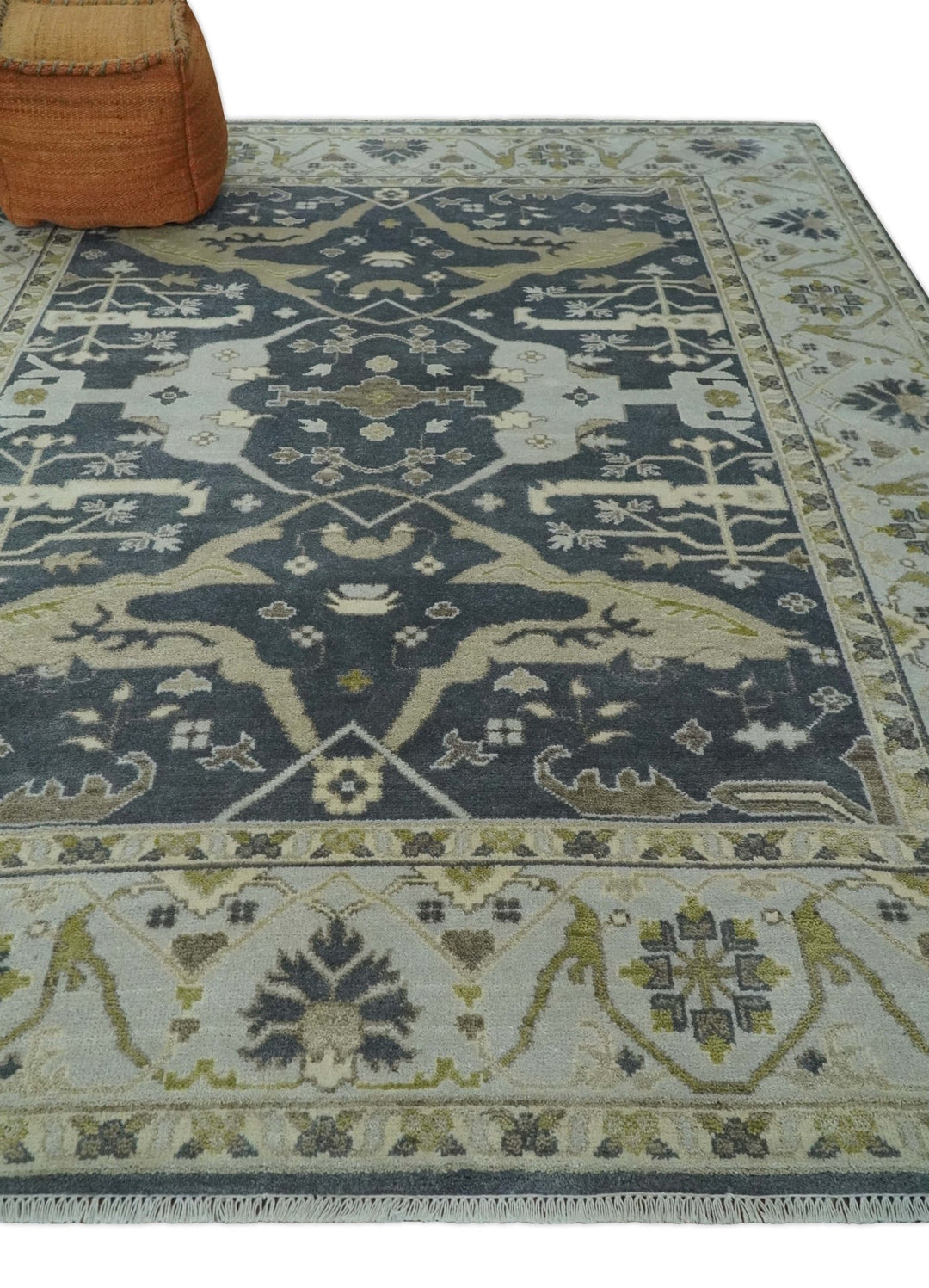 Hand Knotted 8x10 Oriental Oushak Charcoal, Ivory and Beige Wool Area Rug - The Rug Decor