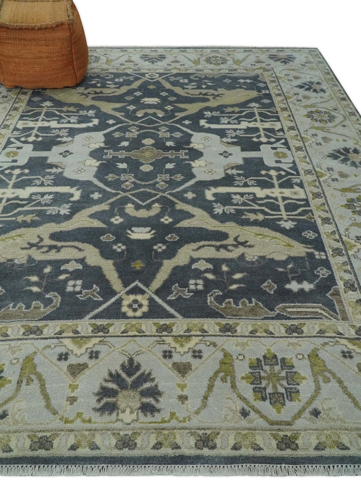 Hand Knotted 8x10 Oriental Oushak Charcoal, Ivory and Beige Wool Area Rug - The Rug Decor