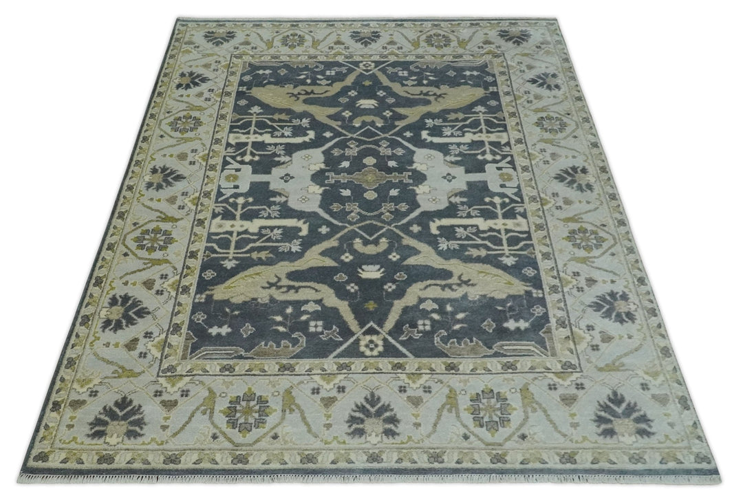 Hand Knotted 8x10 Oriental Oushak Charcoal, Ivory and Beige Wool Area Rug - The Rug Decor