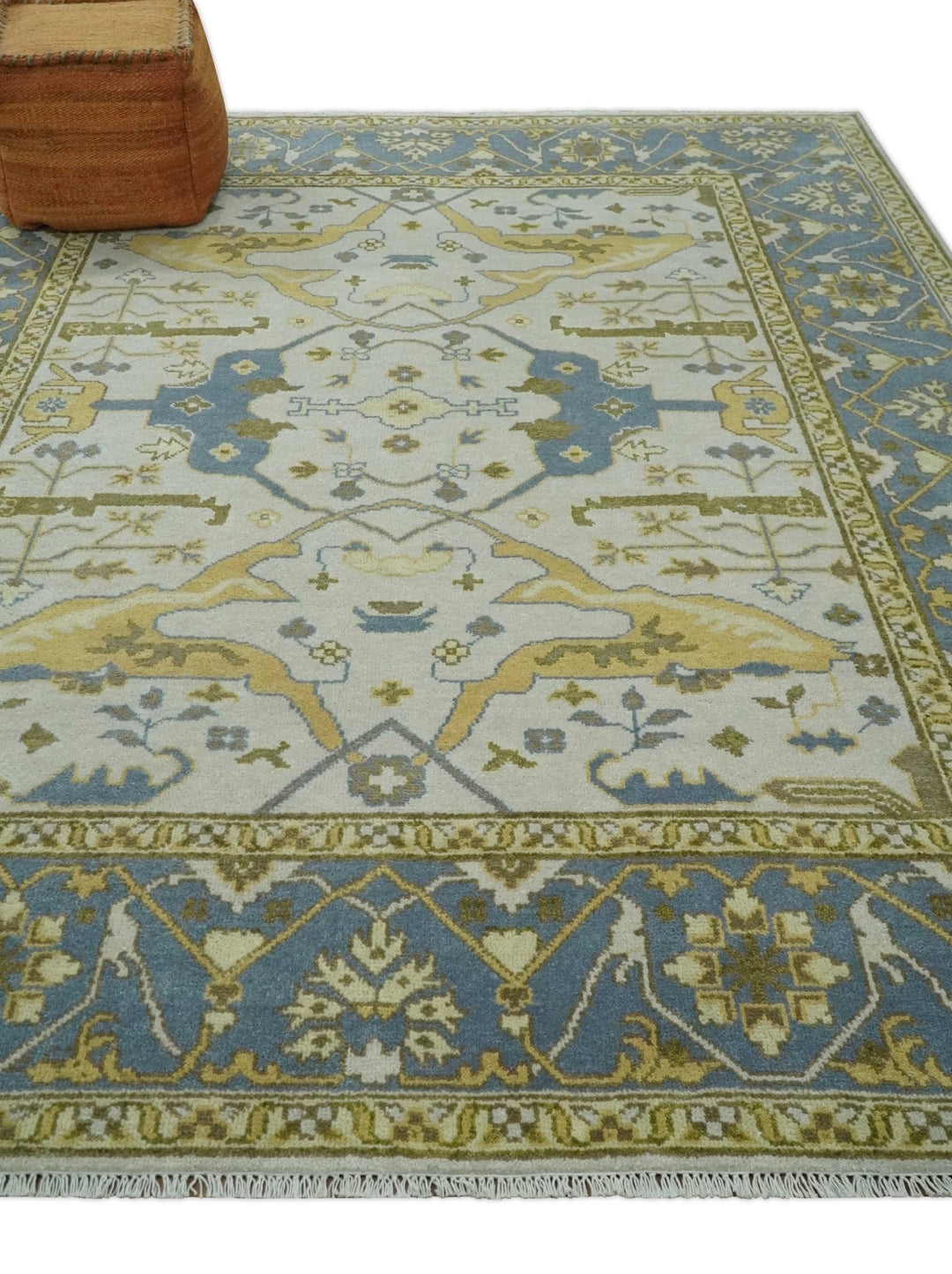 Hand Knotted 8x10 Oriental Oushak Ivory, Beige and Gray Wool Area Rug - The Rug Decor